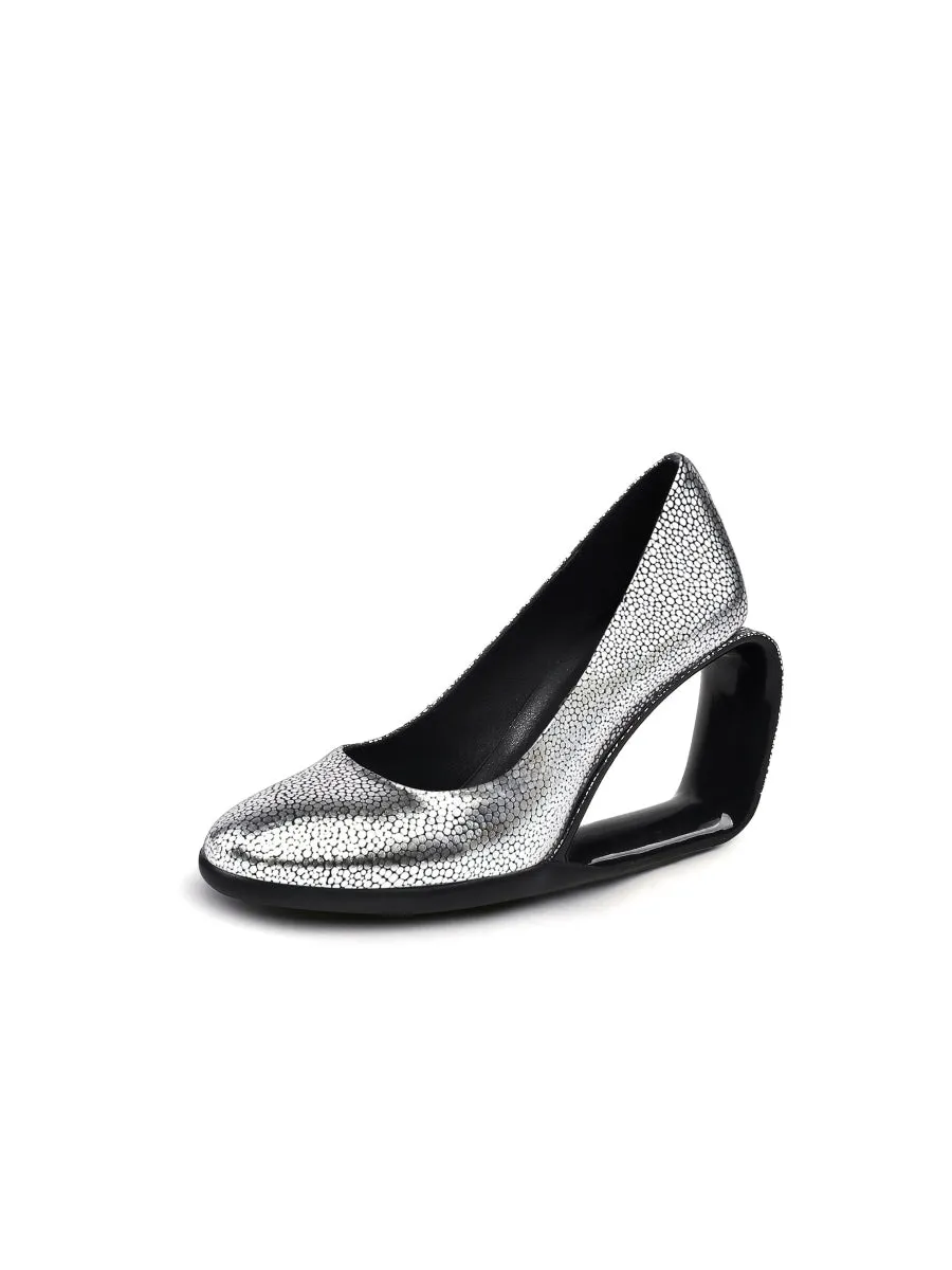 Open Triangle-Heel Leather Pump - Silver