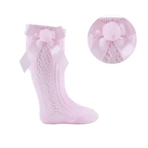 Pink Knee High Bow Ribbed Pom Pom Socks