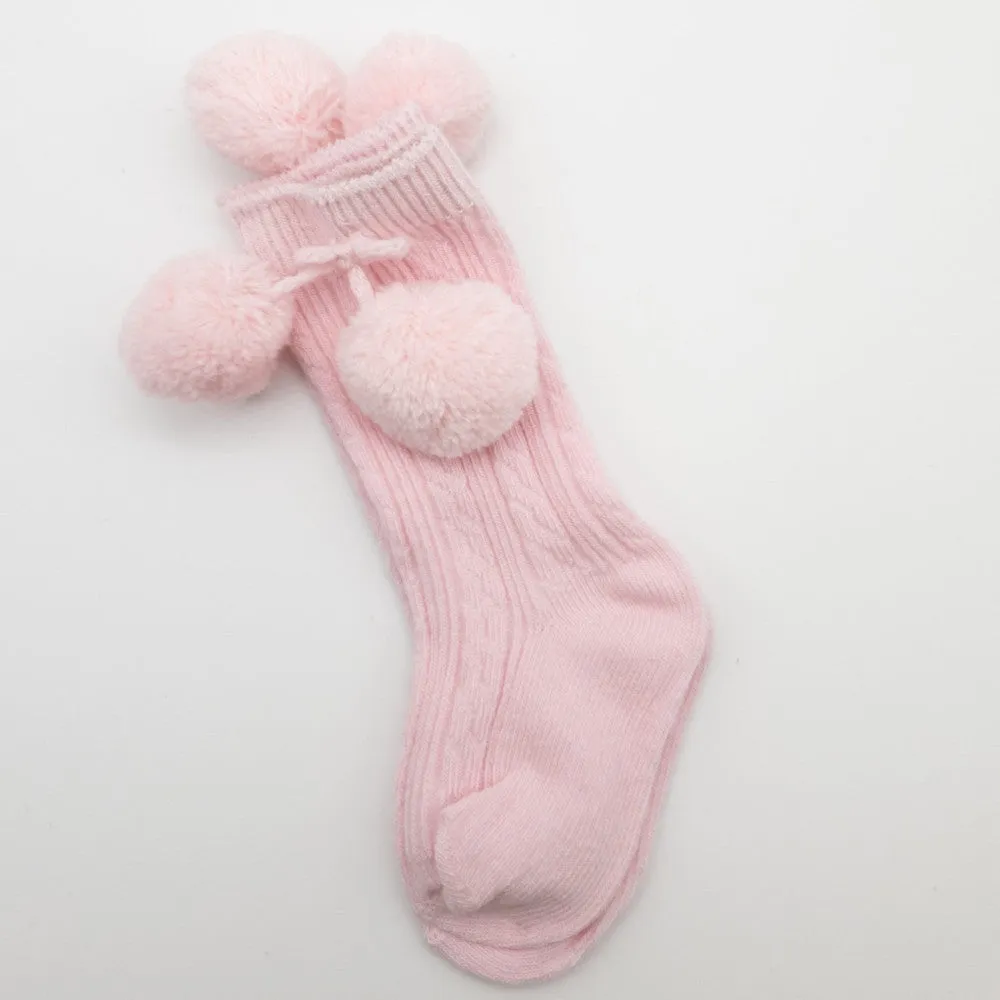 Pink Knee High Pelerine Pom Pom Socks