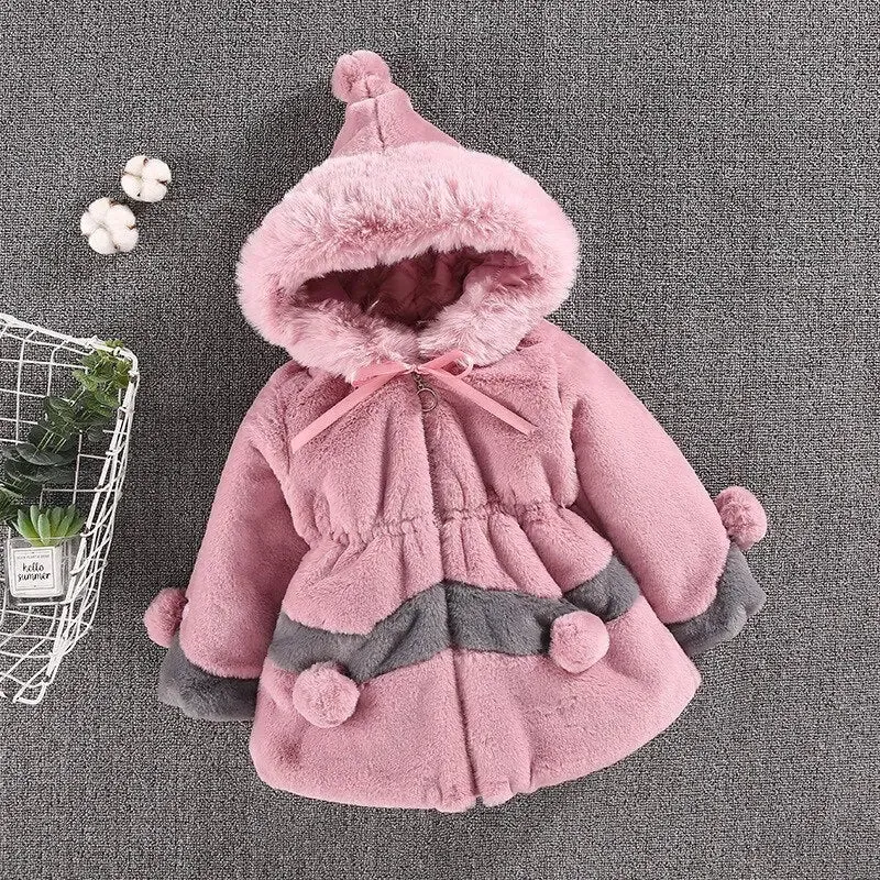 Plush bobble hooded girls coat