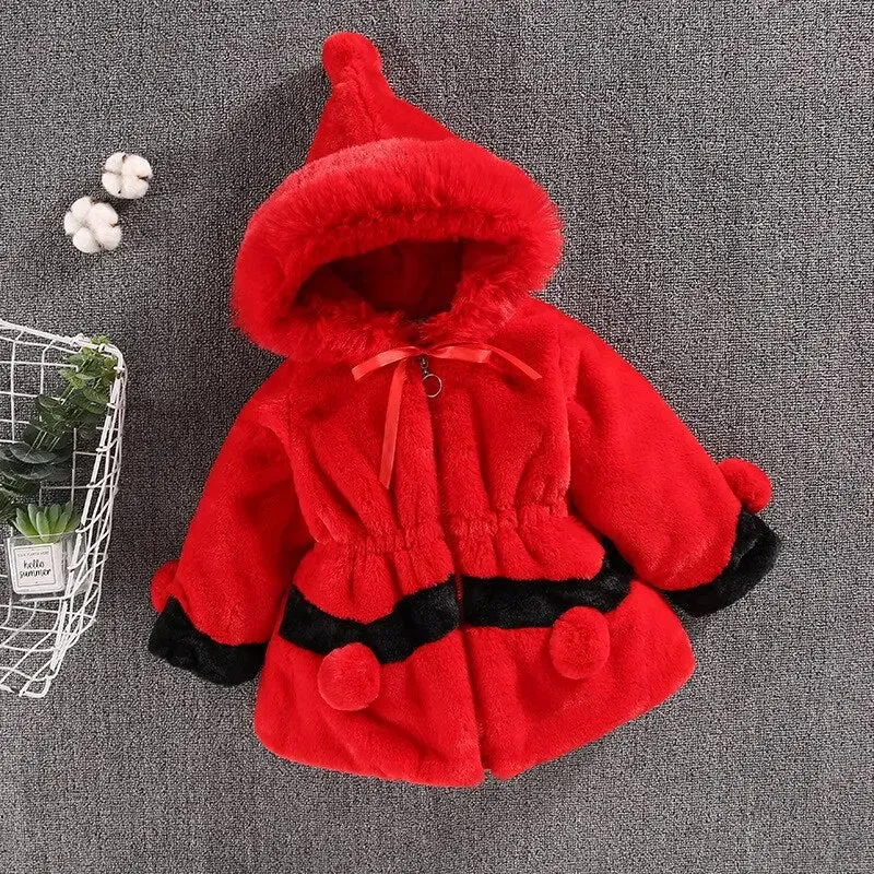 Plush bobble hooded girls coat
