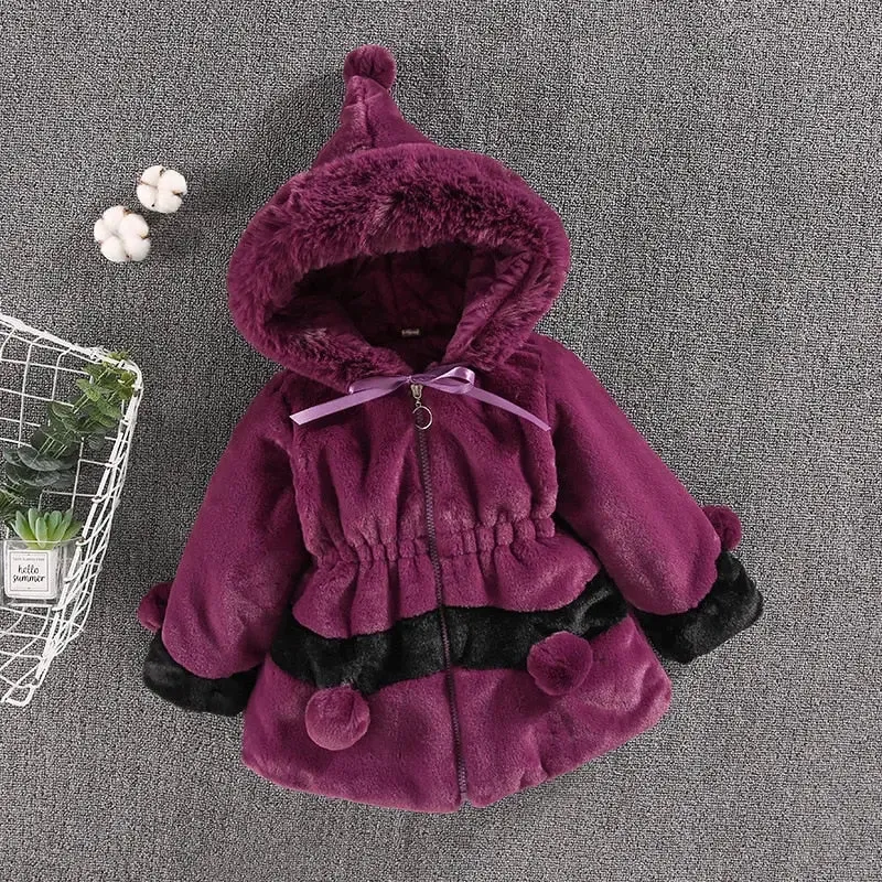 Plush bobble hooded girls coat