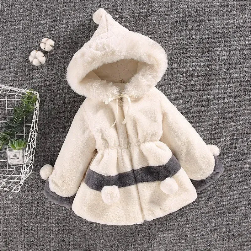 Plush bobble hooded girls coat