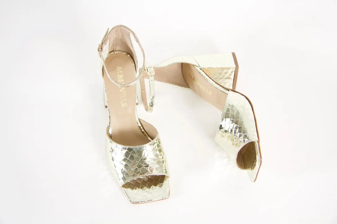 Rihanna Gold Snake Heeled Sandals