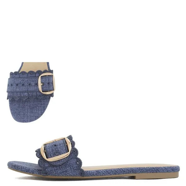 Scalloped Edge Buckle Slides- Navy