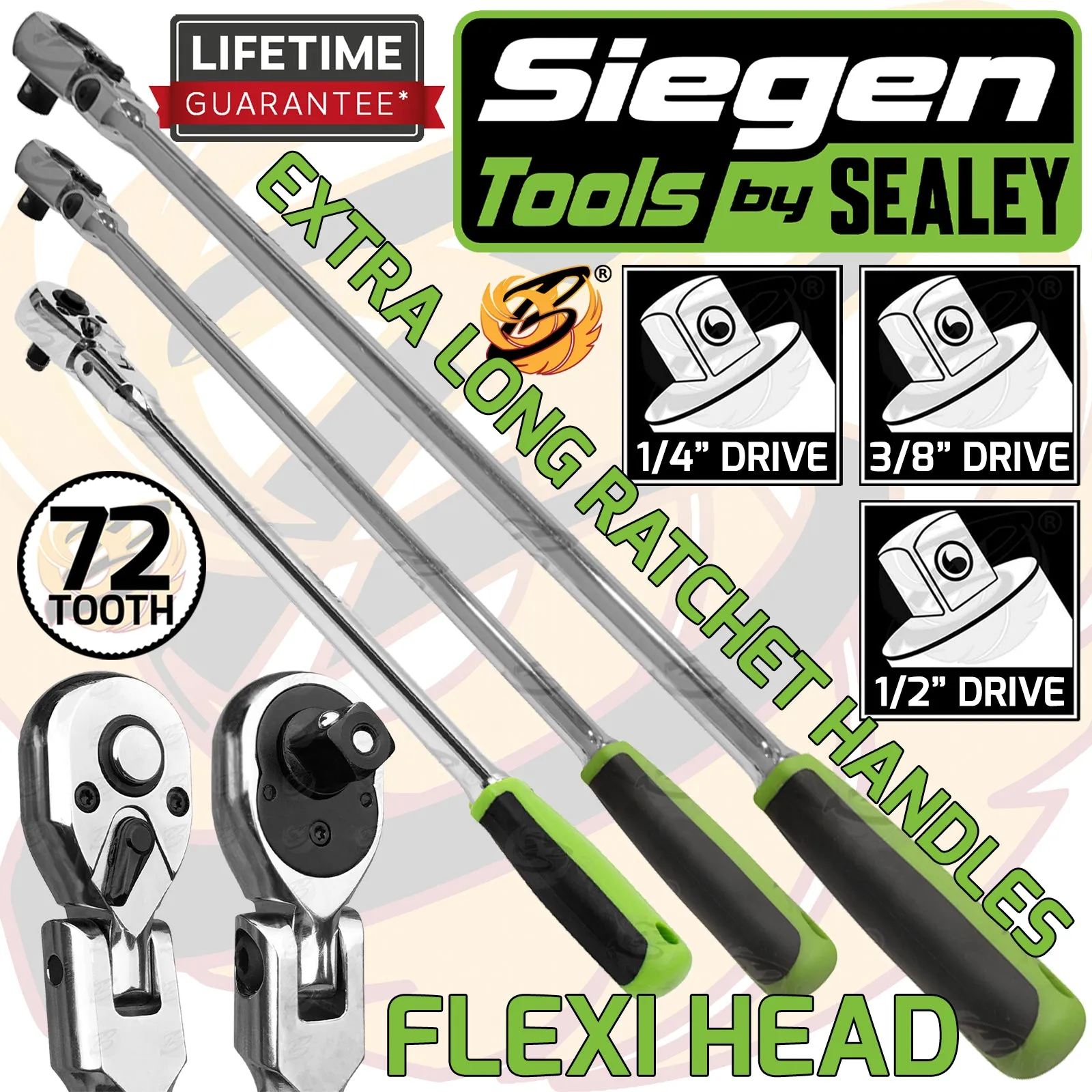 SIEGEN 3PCS 1/4" & 3/8" & 1/2" DRIVE 72 TOOTH EXTRA LONG FLEXI HEAD RATCHET HANDLES