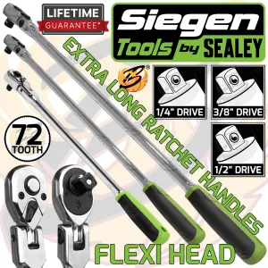 SIEGEN 3PCS 1/4" & 3/8" & 1/2" DRIVE 72 TOOTH EXTRA LONG FLEXI HEAD RATCHET HANDLES