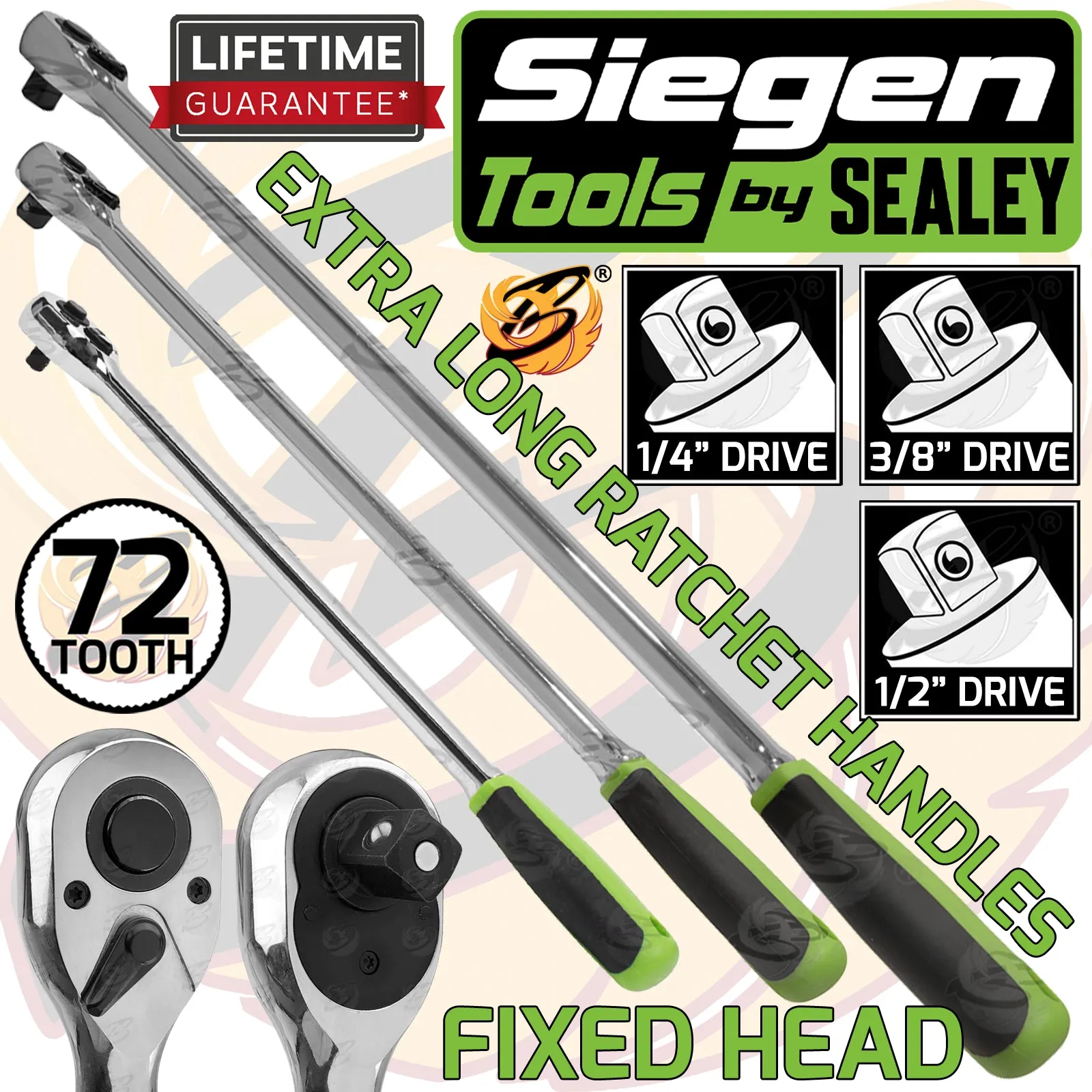 SIEGEN 3PCS 1/4" & 3/8" & 1/2" DRIVE 72 TOOTH EXTRA LONG RATCHET HANDLES