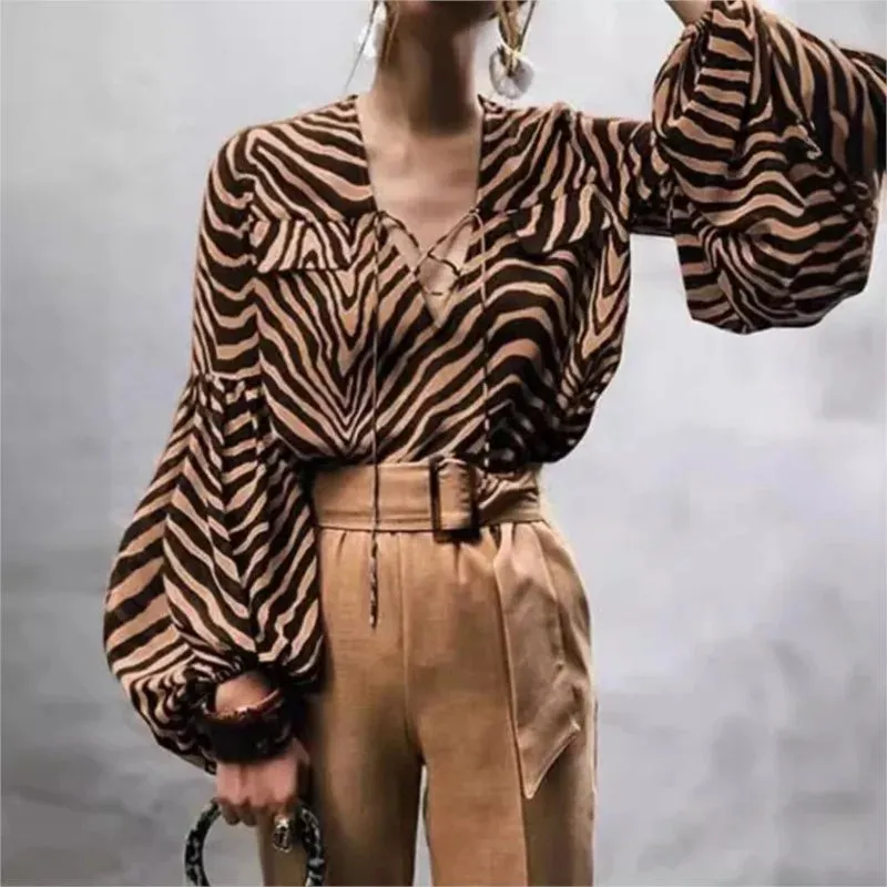 Spring & Autumn Zebra Print Blouse – V-Neck Long Sleeve Office Shirt | Lantern Sleeve Casual Fashion with Pockets
