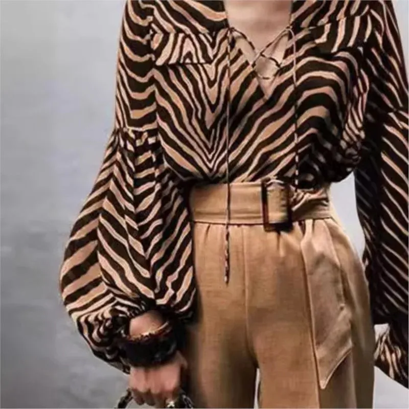 Spring & Autumn Zebra Print Blouse – V-Neck Long Sleeve Office Shirt | Lantern Sleeve Casual Fashion with Pockets