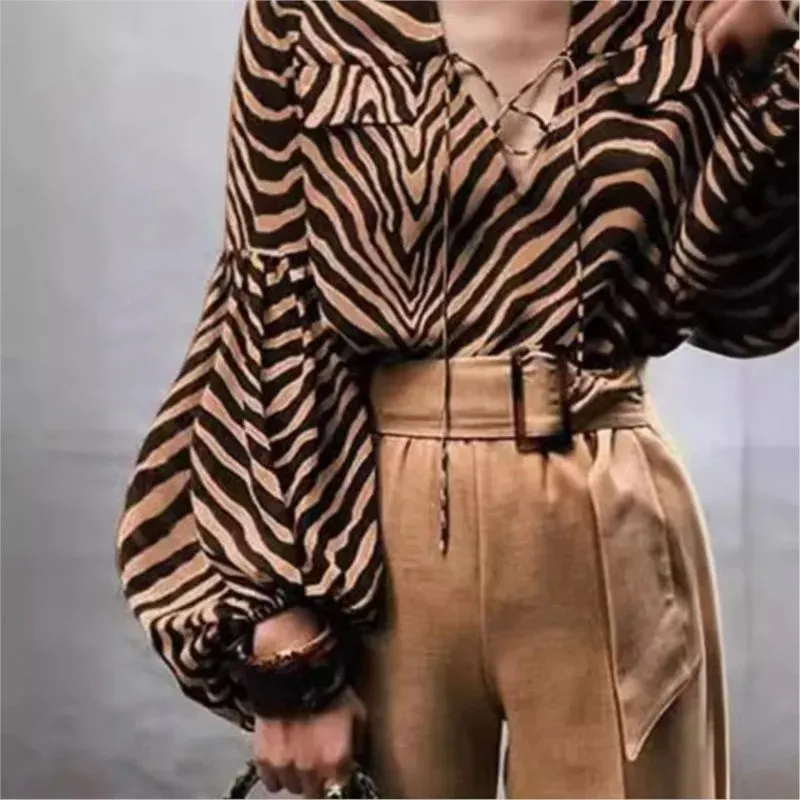 Spring & Autumn Zebra Print Blouse – V-Neck Long Sleeve Office Shirt | Lantern Sleeve Casual Fashion with Pockets
