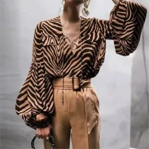 Spring & Autumn Zebra Print Blouse – V-Neck Long Sleeve Office Shirt | Lantern Sleeve Casual Fashion with Pockets