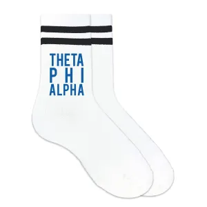 Theta Phi Alpha in Sorority Color on Striped Crew Socks