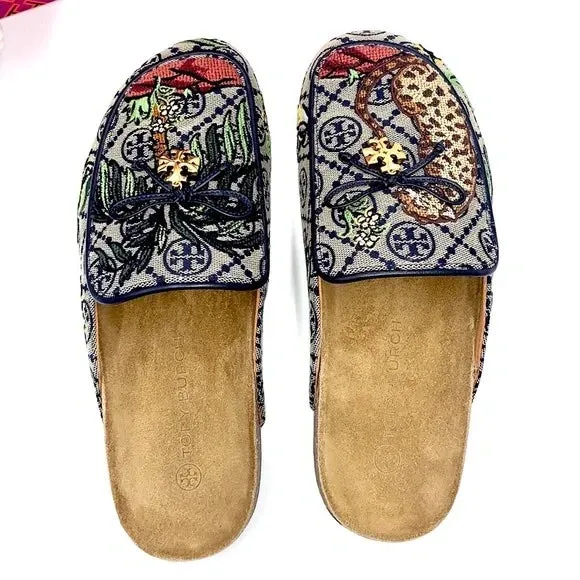 TORY BURCH T MONOGRAM CHARM MULE IN CHEETAH NEEDLEPOINT