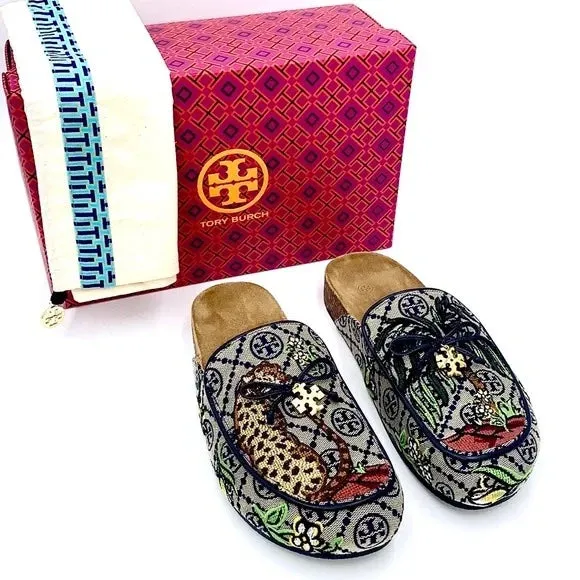 TORY BURCH T MONOGRAM CHARM MULE IN CHEETAH NEEDLEPOINT