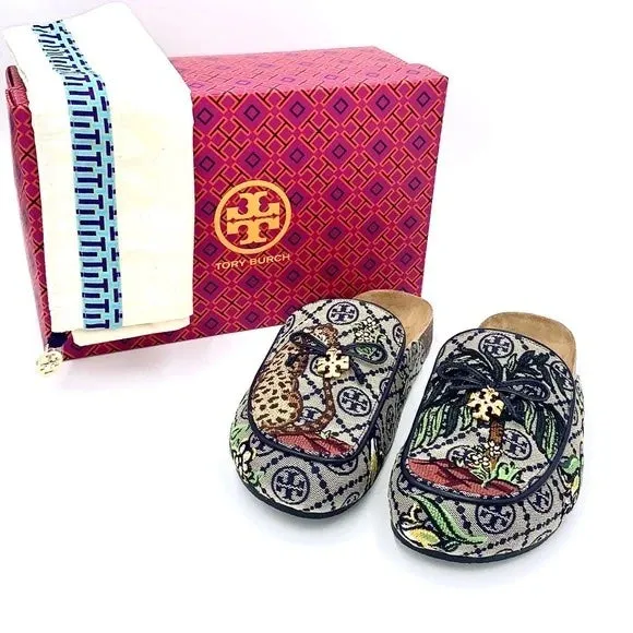 TORY BURCH T MONOGRAM CHARM MULE IN CHEETAH NEEDLEPOINT