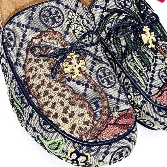 TORY BURCH T MONOGRAM CHARM MULE IN CHEETAH NEEDLEPOINT