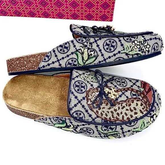 TORY BURCH T MONOGRAM CHARM MULE IN CHEETAH NEEDLEPOINT