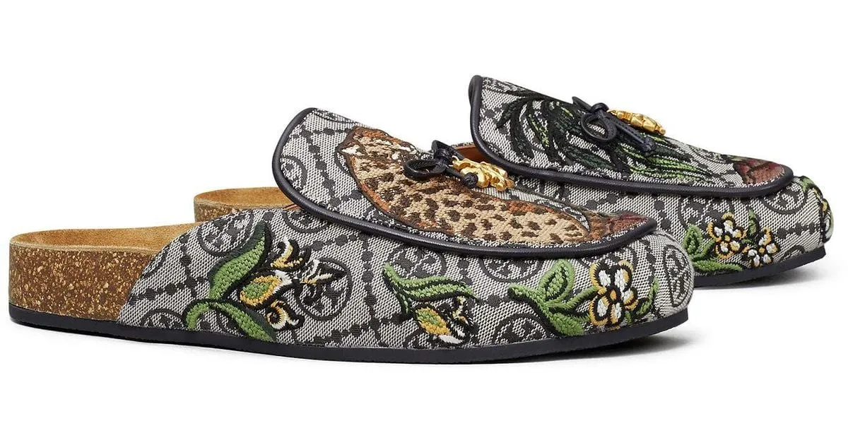 TORY BURCH T MONOGRAM CHARM MULE IN CHEETAH NEEDLEPOINT