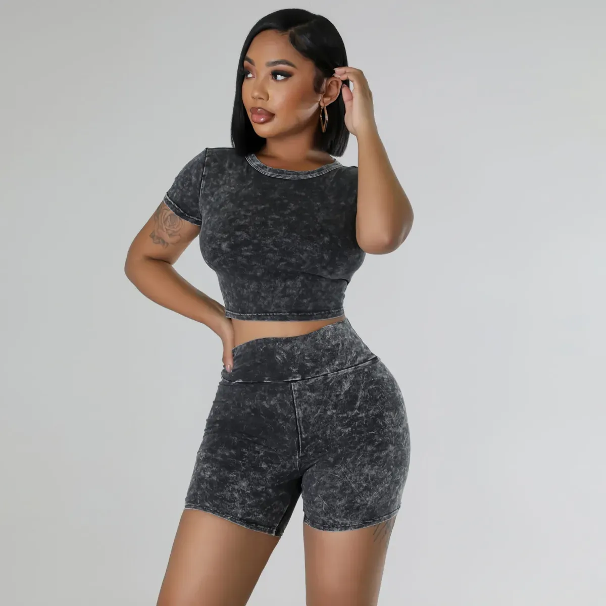 Vibe Acid Wash Crop Top & Biker Shorts Set
