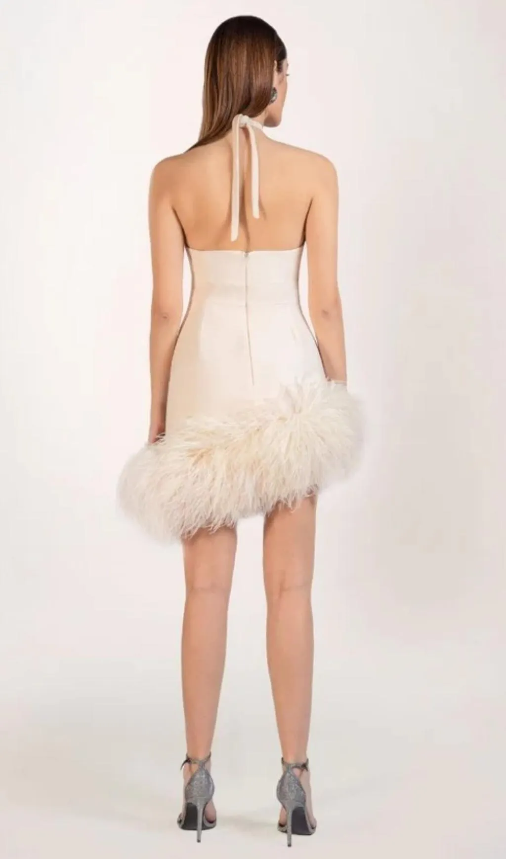 WHITE FEATHER-EMBELLISHED CREPE MINI DRESS
