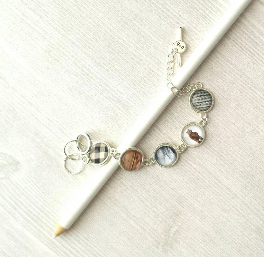 Winter Bracelet, Christmas bracelet, Xmas bracelet, silver Christmas bracelet, Christmas charm bracelet, cable knit charm, bear charm, plaid
