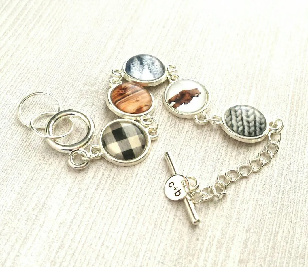 Winter Bracelet, Christmas bracelet, Xmas bracelet, silver Christmas bracelet, Christmas charm bracelet, cable knit charm, bear charm, plaid