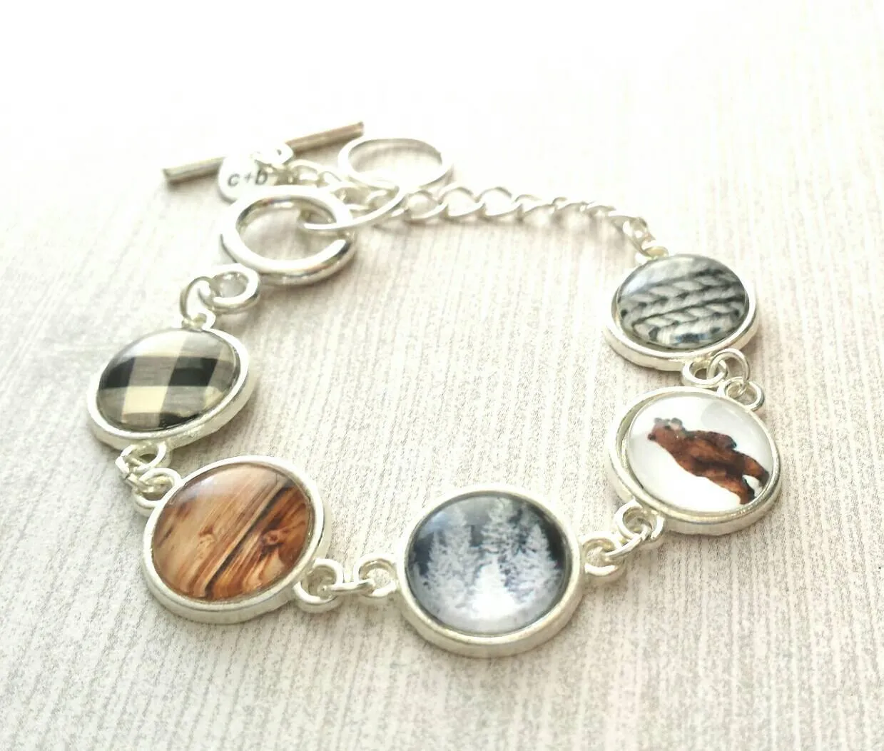 Winter Bracelet, Christmas bracelet, Xmas bracelet, silver Christmas bracelet, Christmas charm bracelet, cable knit charm, bear charm, plaid