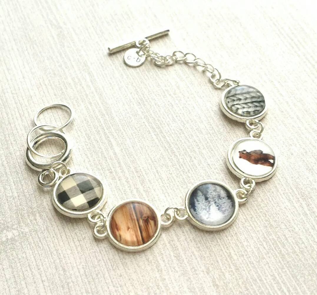 Winter Bracelet, Christmas bracelet, Xmas bracelet, silver Christmas bracelet, Christmas charm bracelet, cable knit charm, bear charm, plaid