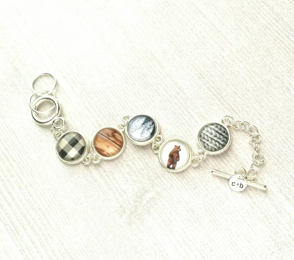 Winter Bracelet, Christmas bracelet, Xmas bracelet, silver Christmas bracelet, Christmas charm bracelet, cable knit charm, bear charm, plaid